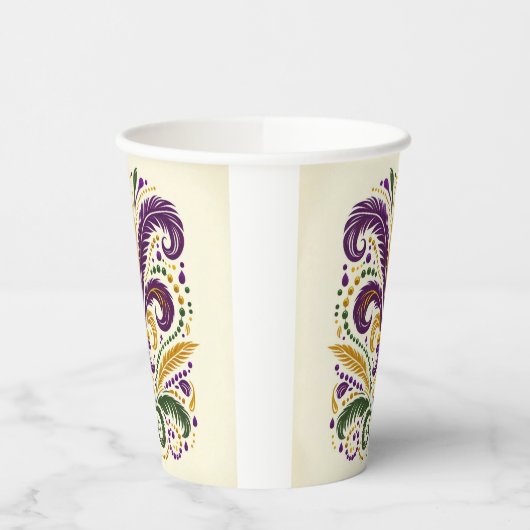 Gele, groene paarse fleur de lis veren papieren bekers (Links)