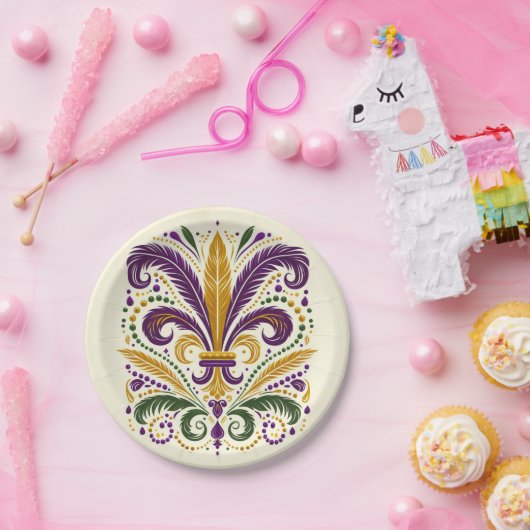 Gele, groene paarse fleur de lis veren papieren bordje (Feest)