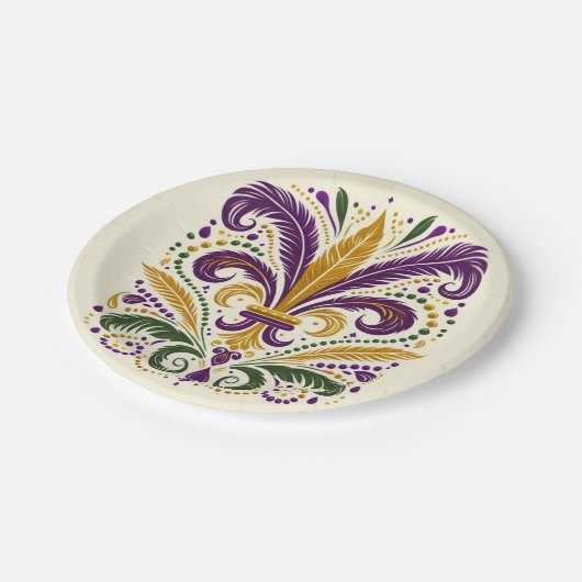 Gele, groene paarse fleur de lis veren papieren bordje (Gekanteld)