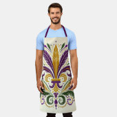 Gele, groene paarse fleur de lis veren schort (Gedragen)