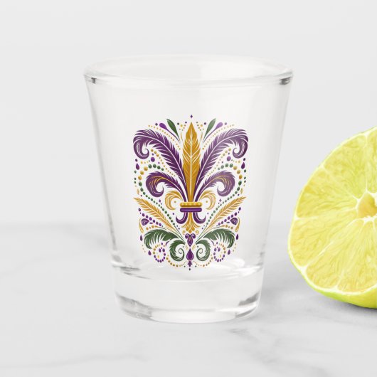 Gele, groene paarse fleur de lis veren shot glas (Voorkant)