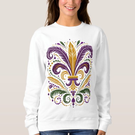 Gele, groene paarse fleur de lis veren trui (Voorkant)