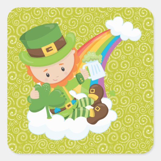 Gele Groene Swirls Leprechaun en Regenboog Sticker (Voorkant)