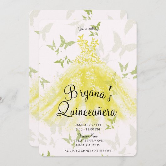 Gele groene vlinder Dans Quinceañera Kaart (Voorkant / Achterkant)