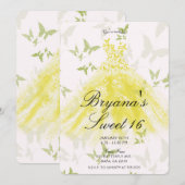 Gele groene vlinderdansjurk Sweet 16-feest Kaart (Voorkant / Achterkant)