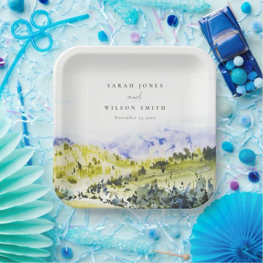 Gele groene Waterverf Landelijke Hills Weddin Papieren Bordje (Feest)