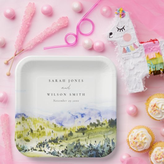 Gele groene Waterverf Landelijke Hills Weddin Papieren Bordje (Feest)