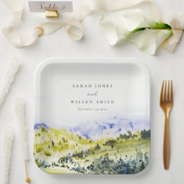 Gele groene Waterverf Landelijke Hills Weddin Papieren Bordje