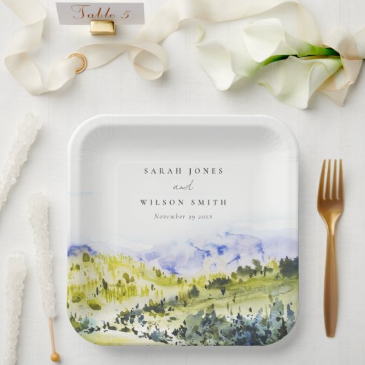 Gele groene Waterverf Landelijke Hills Weddin Papieren Bordje (Huwelijk)