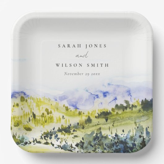 Gele groene Waterverf Landelijke Hills Weddin Papieren Bordje (Voorkant)
