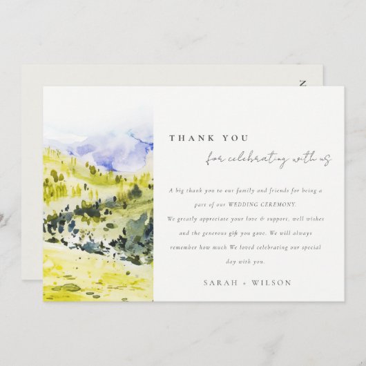 Gele groene Waterverf Landelijke Hills Wedding Bedankkaart (Voorkant / Achterkant)