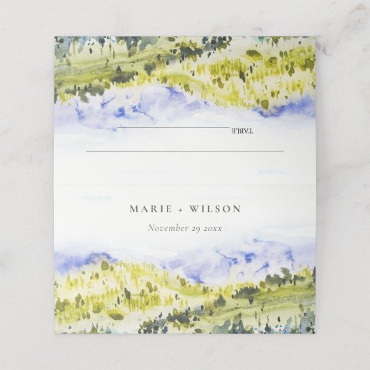 Gele groene Waterverf Landelijke Hills Wedding Plaatskaartje (Buitenkant ongevouwen)