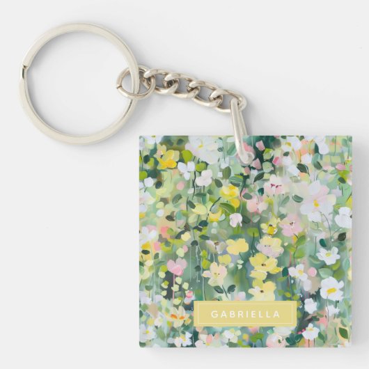 Gele groene weidebloemen gepersonaliseerde naam sleutelhanger (voorkant)