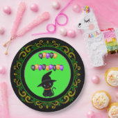 Gele groene zwarte kat Happy Halloween-ballonnen Papieren Bordje (Feest)