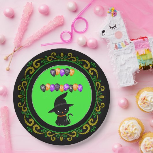 Gele groene zwarte kat Happy Halloween-ballonnen Papieren Bordje (Feest)