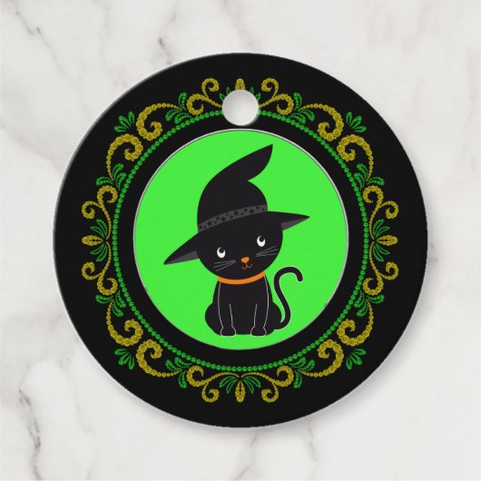 Gele groene zwarte kat met heks Pet Halloween Bedankjes Labels (Voorkant)