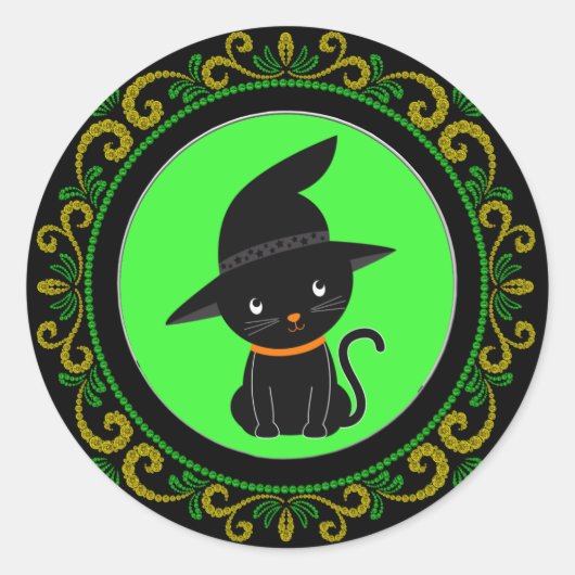 Gele groene zwarte kat met heks Pet Halloween Ronde Sticker (Voorkant)