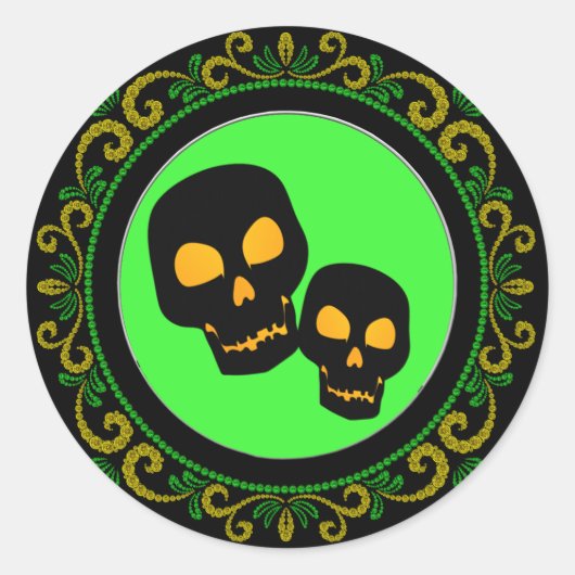 Gele groene zwarte Skulls Halloween Ronde Sticker (Voorkant)