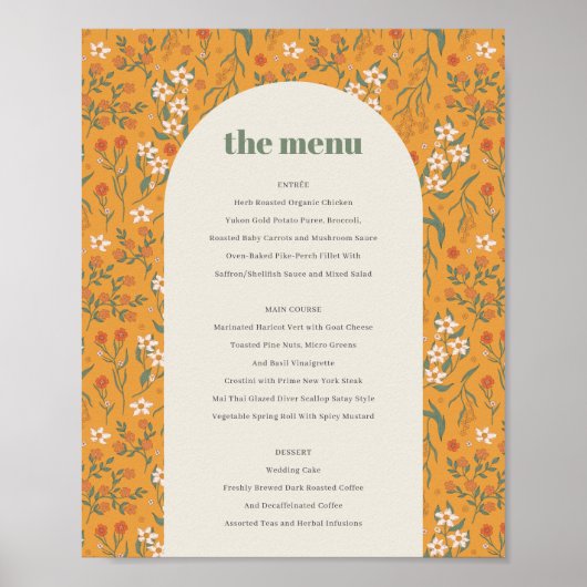 Gele Groovy Retro Arch Bloemenbruiloft Menu Post Poster (Voorkant)