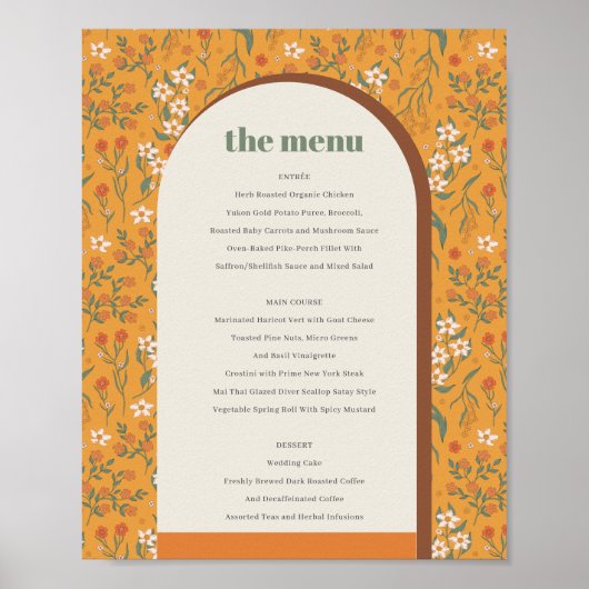 Gele Groovy Retro Arch Bloemenbruiloft Menu Poster (Voorkant)