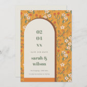 Gele Groovy Retro Arch Floral sparen de Datum Kaar Kaart (Voorkant / Achterkant)