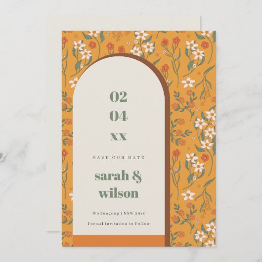 Gele Groovy Retro Arch Floral sparen de Datum Kaar Kaart (Voorkant / Achterkant)