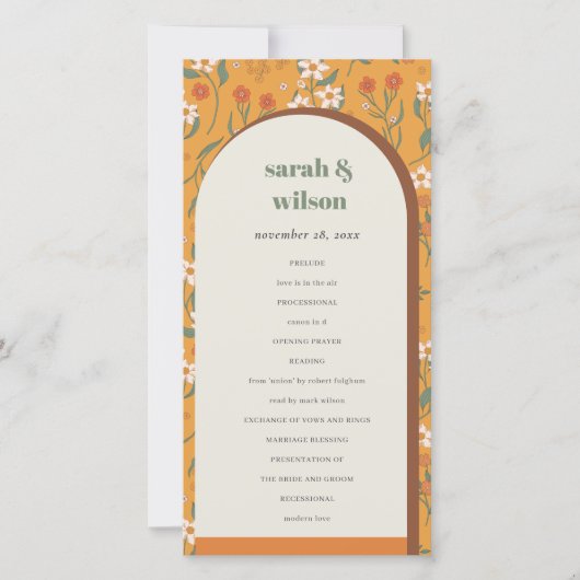 Gele Groovy Retro Arch Floral Wedding Programme Bedankkaart (Voorkant)