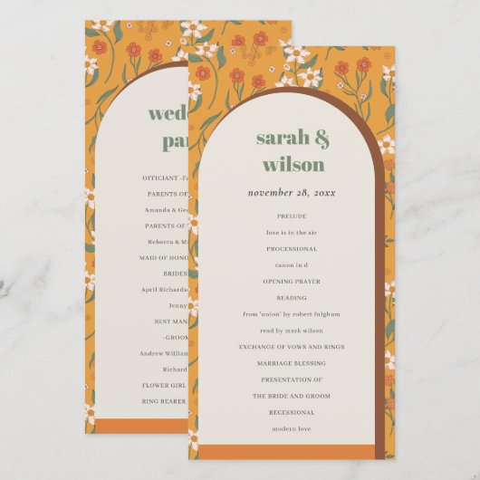 Gele Groovy Retro Arch Floral Wedding Programme Bedankkaart (Voorkant / Achterkant)