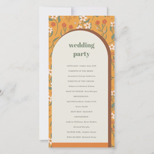 Gele Groovy Retro Arch Floral Wedding Programme Bedankkaart (Achterkant)