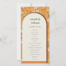 Gele Groovy Retro Arch Floral Wedding Programme Bedankkaart