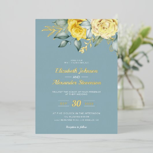 Gele grove bruine bruine bruiloft folie uitnodiging (Staand Voorkant)