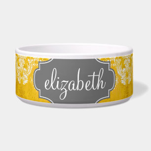 Gele Grunge Damask Patroon met de Tekst van de Dou Voerbakje