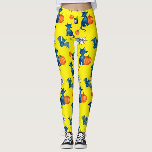 Gele Halloween Leggings - Black Cat & Pumpkins (Voorkant)
