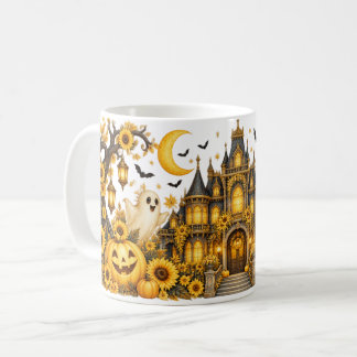 Gele Halloween-spookhuis en zonnebloemen mok