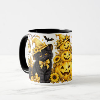 Gele Halloween Zwarte Katten & Zonnebloem Pompoene Mok