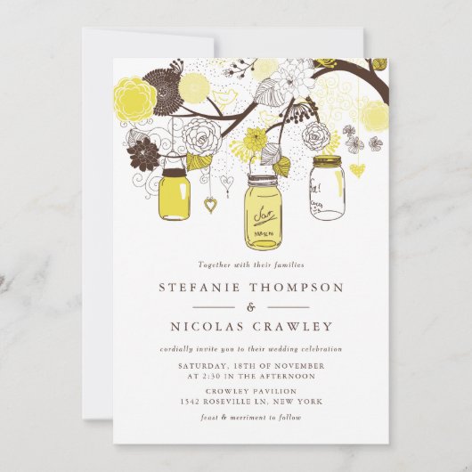 Gele hangende Mason Jars bruiloft Kaart (Voorkant)