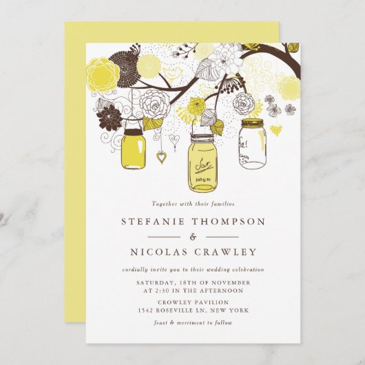 Gele hangende Mason Jars bruiloft Kaart (Voorkant / Achterkant)