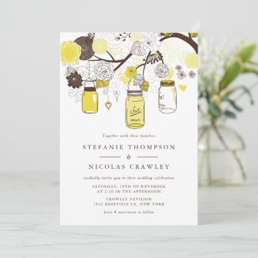Gele hangende Mason Jars bruiloft Kaart (Staand voorkant)