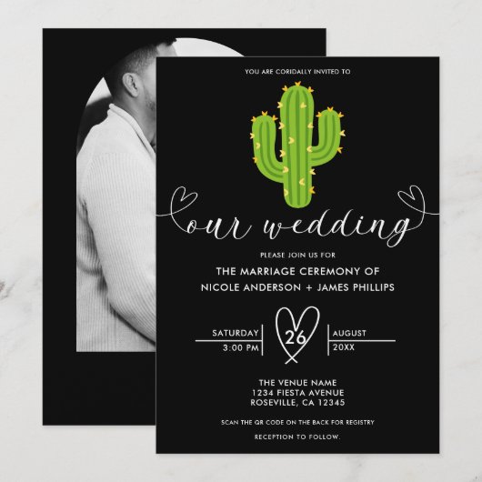 Gele Hart Cactus Feest Liefde Bruiloft Kaart (Voorkant / Achterkant)