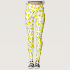 Gele hartvormige bloemenprint op wit leggings