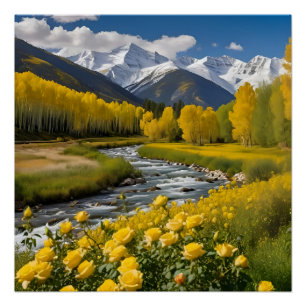 Gele herfst besneeuwde bergen Aspen River Perfect Poster