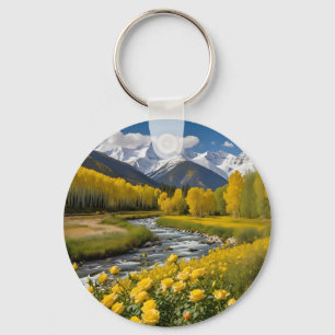 Gele herfst besneeuwde bergen Aspen River Sleutelhanger