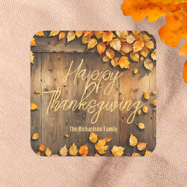 Gele herfstbladeren op houten Thanksgiving Vierkante Sticker