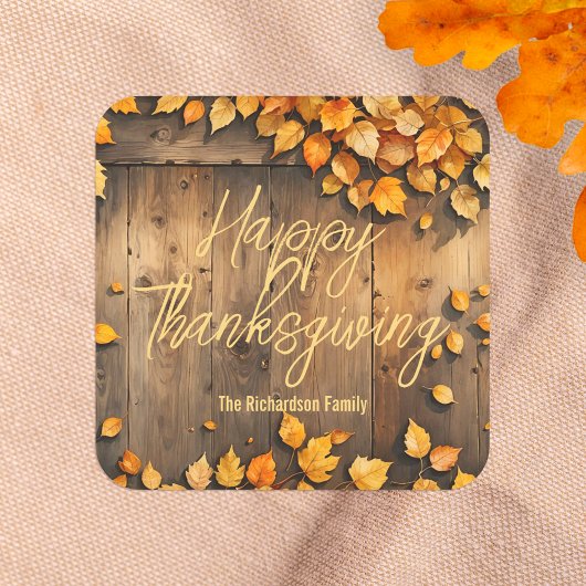 Gele herfstbladeren op houten Thanksgiving Vierkante Sticker
