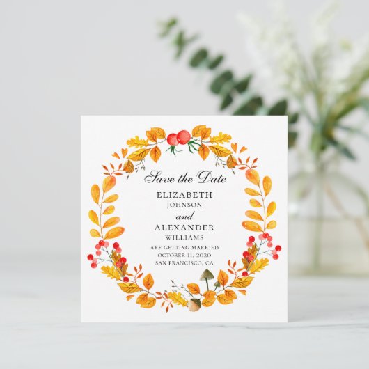 Gele herfstkrans. Herfstbruiloft bewaar de datum Kaart (Staand voorkant)