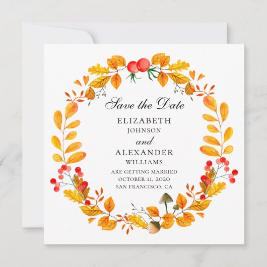 Gele herfstkrans. Herfstbruiloft bewaar de datum Kaart (Voorkant)