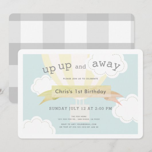 Gele hete luchtballon omhoog en weg 1e verjaardag kaart (Voorkant / Achterkant)