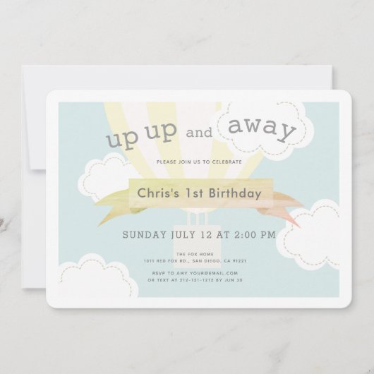 Gele hete luchtballon omhoog en weg 1e verjaardag kaart (Voorkant)