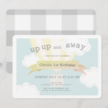 Gele hete luchtballon omhoog en weg 1e verjaardag