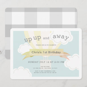 Gele hete luchtballon omhoog en weg 1e verjaardag kaart